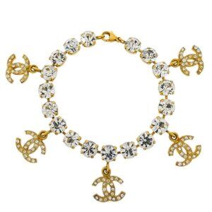 Chanel Rhinestone Chain Bracelet Gold 95P 161234